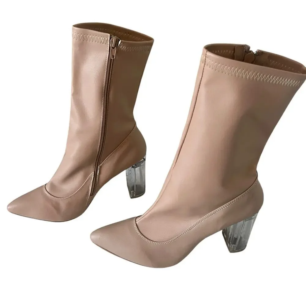 Mona Women Nude Pointed Boots Lucite Clear Block Heel Size MX 6 US 9‎ NWOB